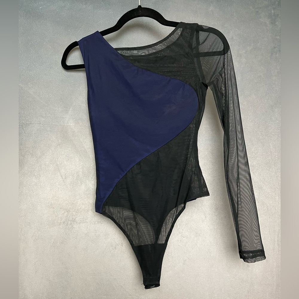 h:ours One-Shoulder Mesh Bodysuit in Black and Navy